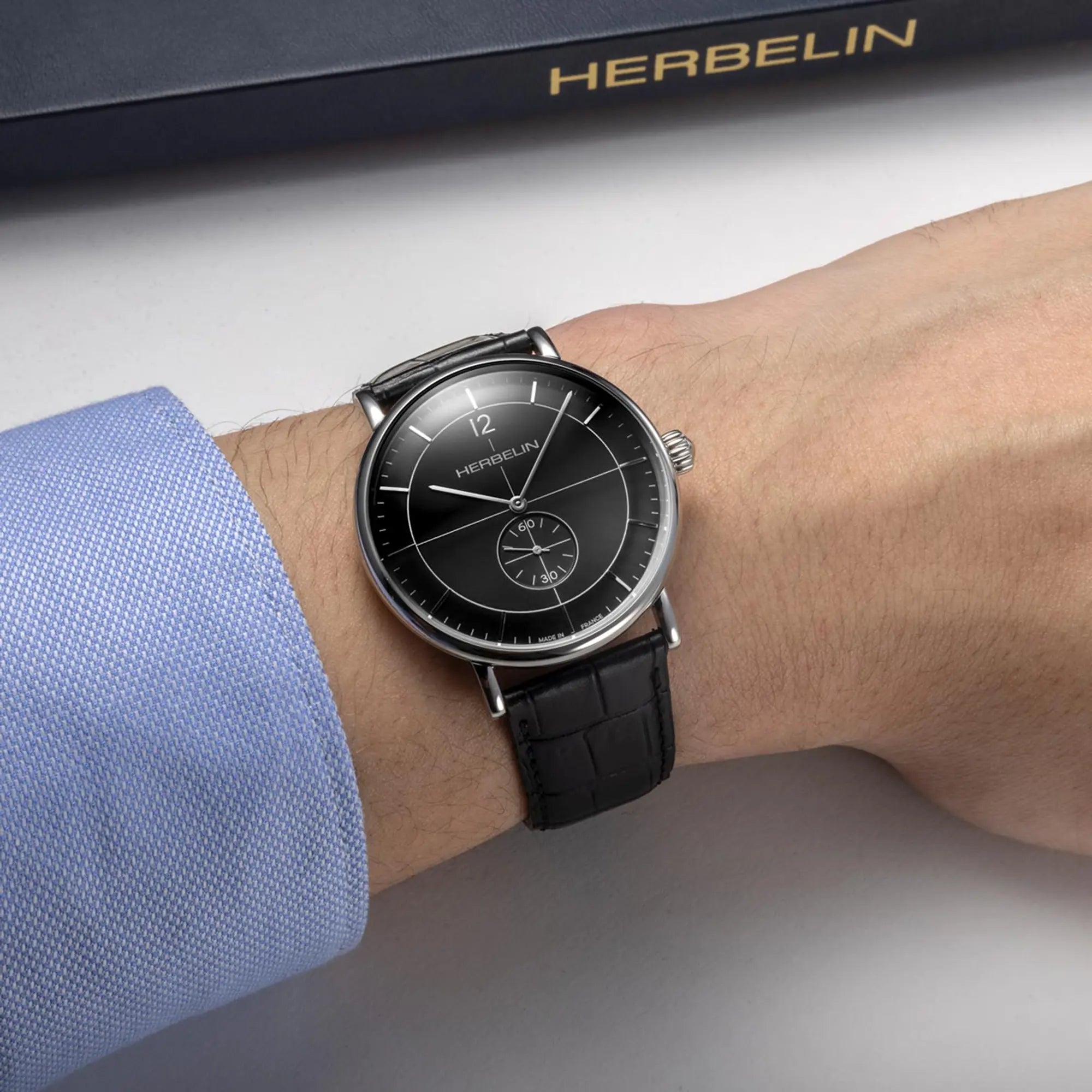 herbelin-inspiration-petite-seconde-quartz-montre-homme-acier-40-mm-cuir-noir image 2