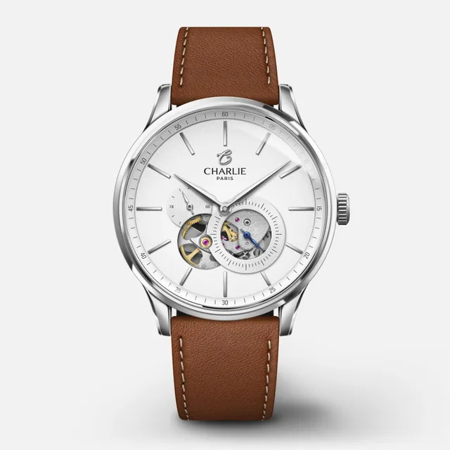 charlie-paris-initial-montre-automatique-c-ur-ouvert-blanc-40mm-acier-bracelet-c image 1