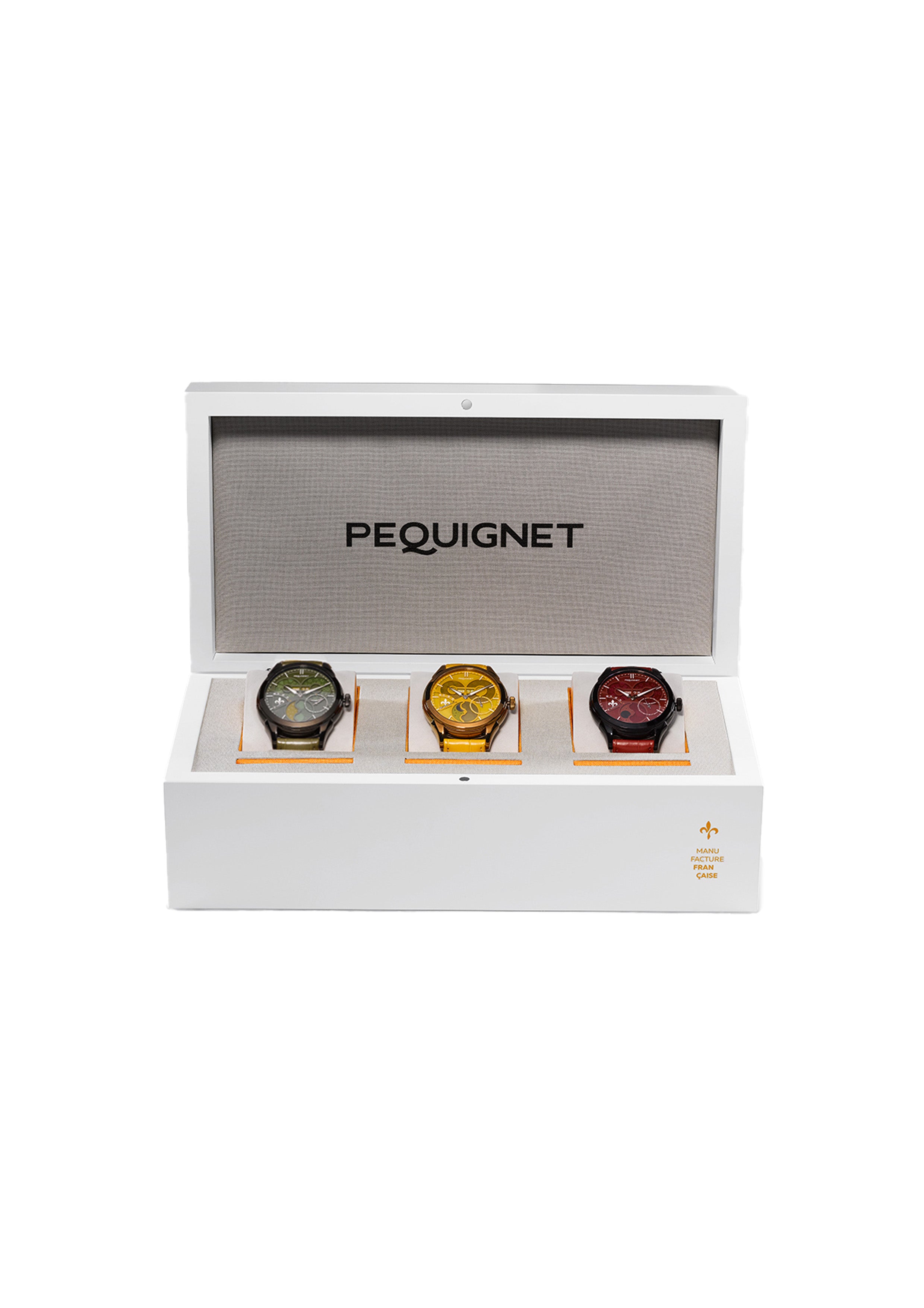 pequignet-royale-saphir-coffret-unique-3-montres-vert-jade-jaune-ambre-rouge-rub image 1
