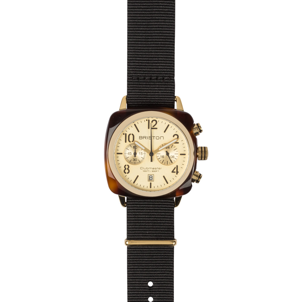 briston-clubmaster-classic-chronographe-40-mm-gold-champagne-nato-noir-quartz image 4