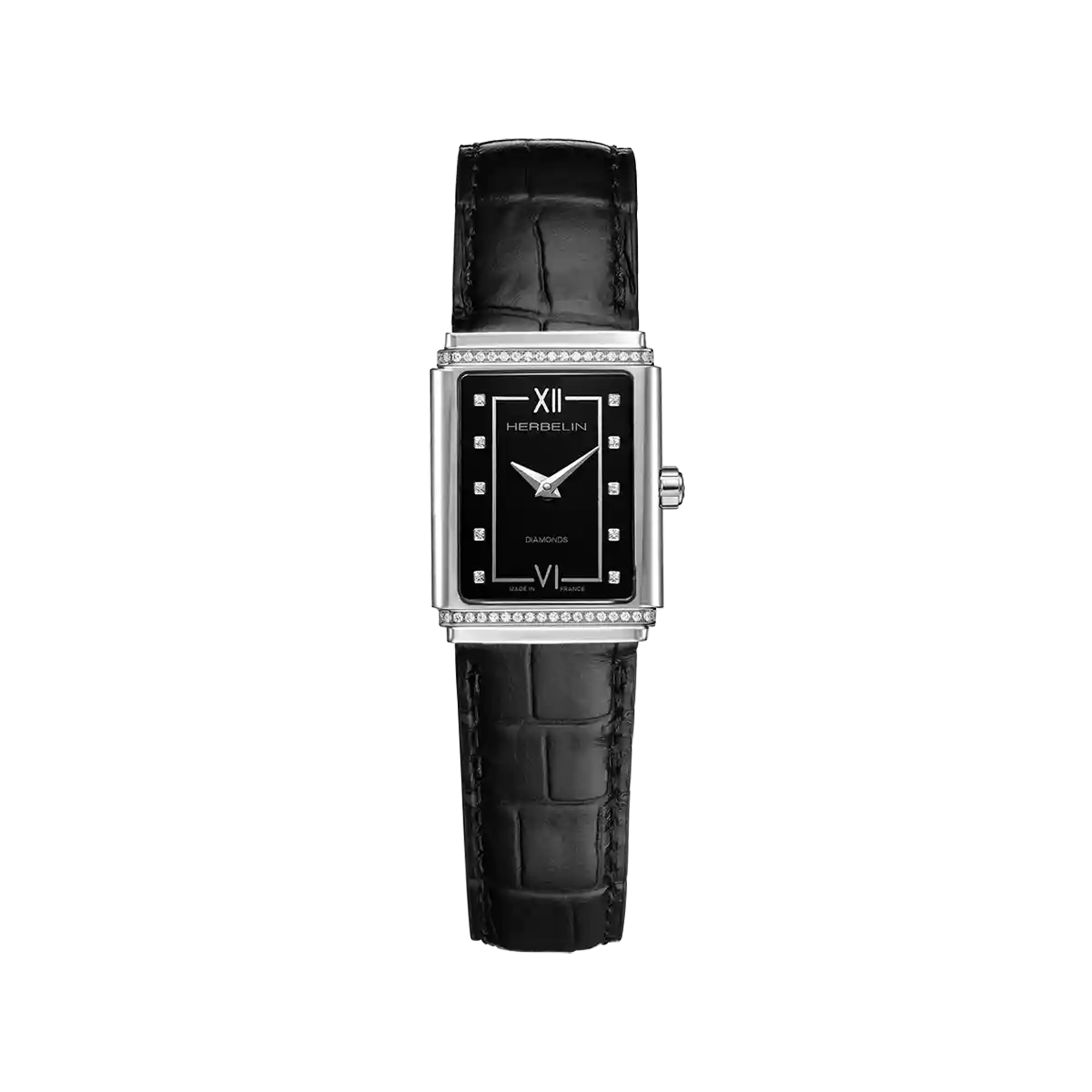 herbelin-art-d-co-1925-s-empire-montre-femme-acier-diamants-cuir image 1