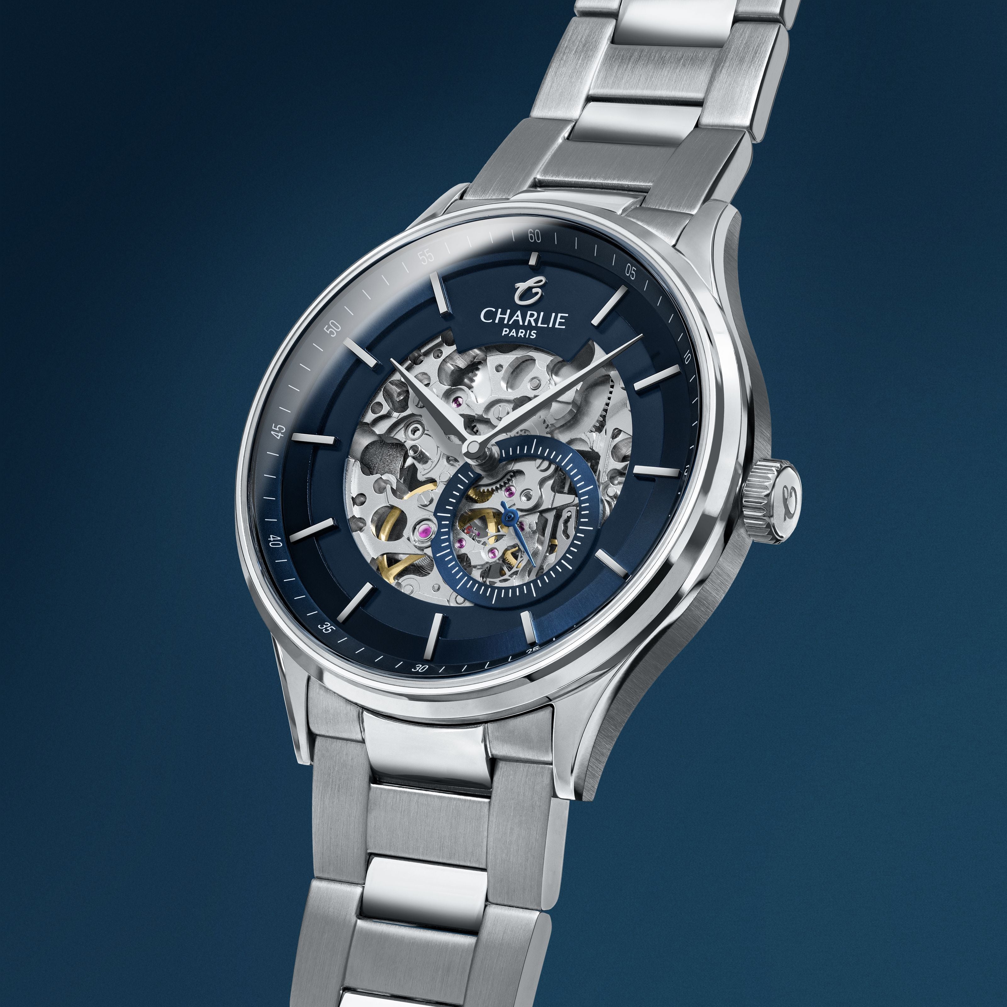 charlie-paris-initial-squelette-bleu-montre-automatique-homme-40mm image 3