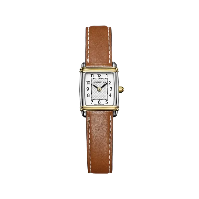 herbelin-art-d-co-tonneau-quartz-bicolore-cuir-camel-femme-montre image 1