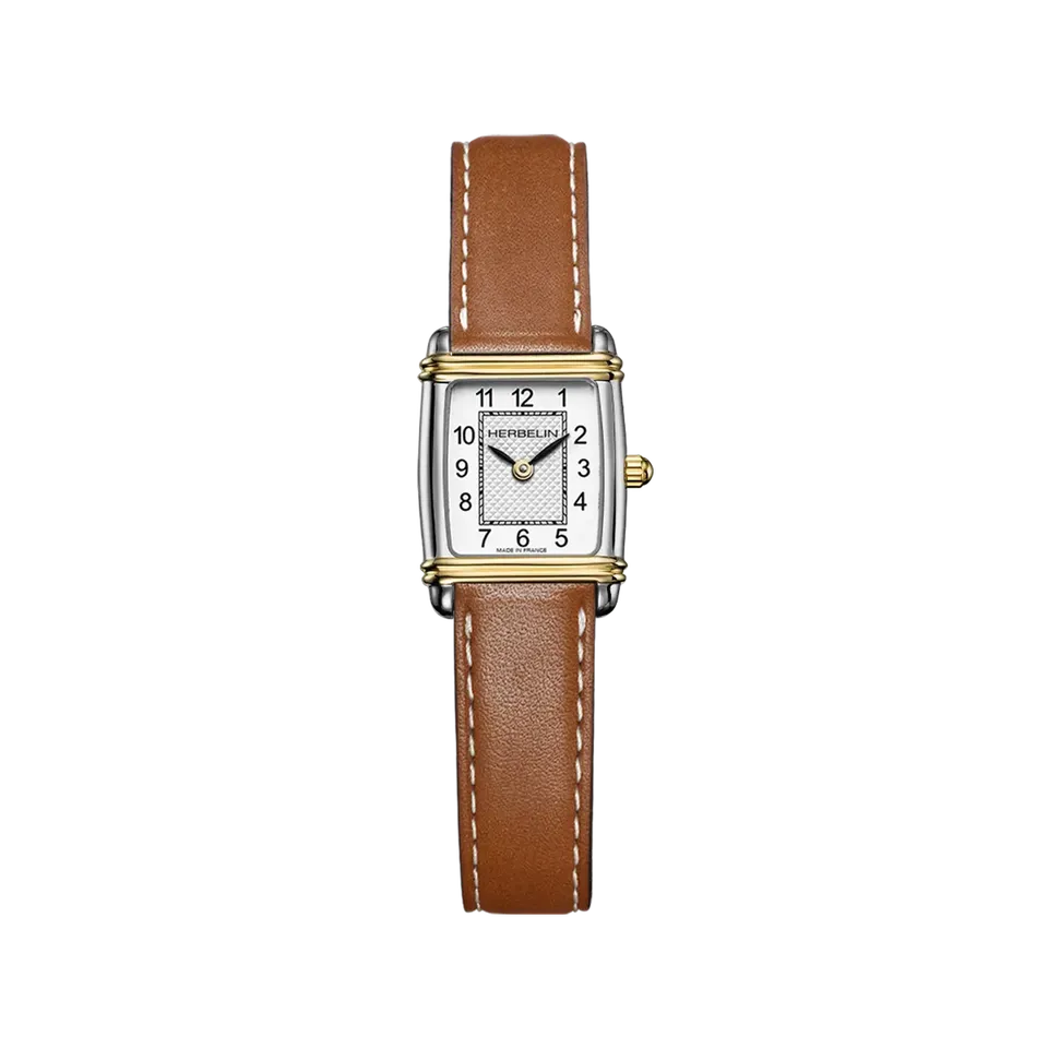 herbelin-art-d-co-tonneau-quartz-bicolore-cuir-camel-femme-montre image 1