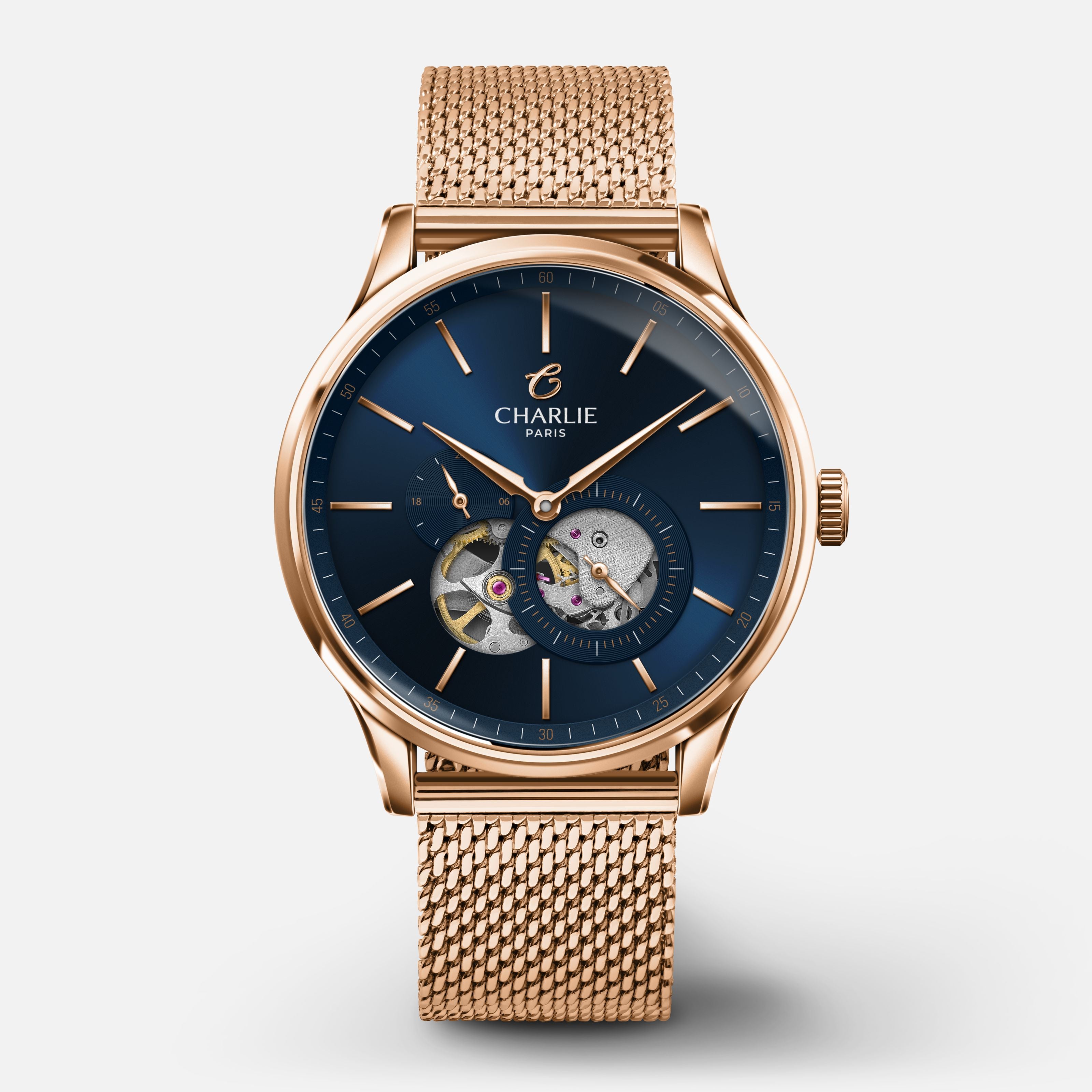 charlie-paris-initial-montre-automatique-c-ur-ouvert-dor-rose-bleu-40mm image 7