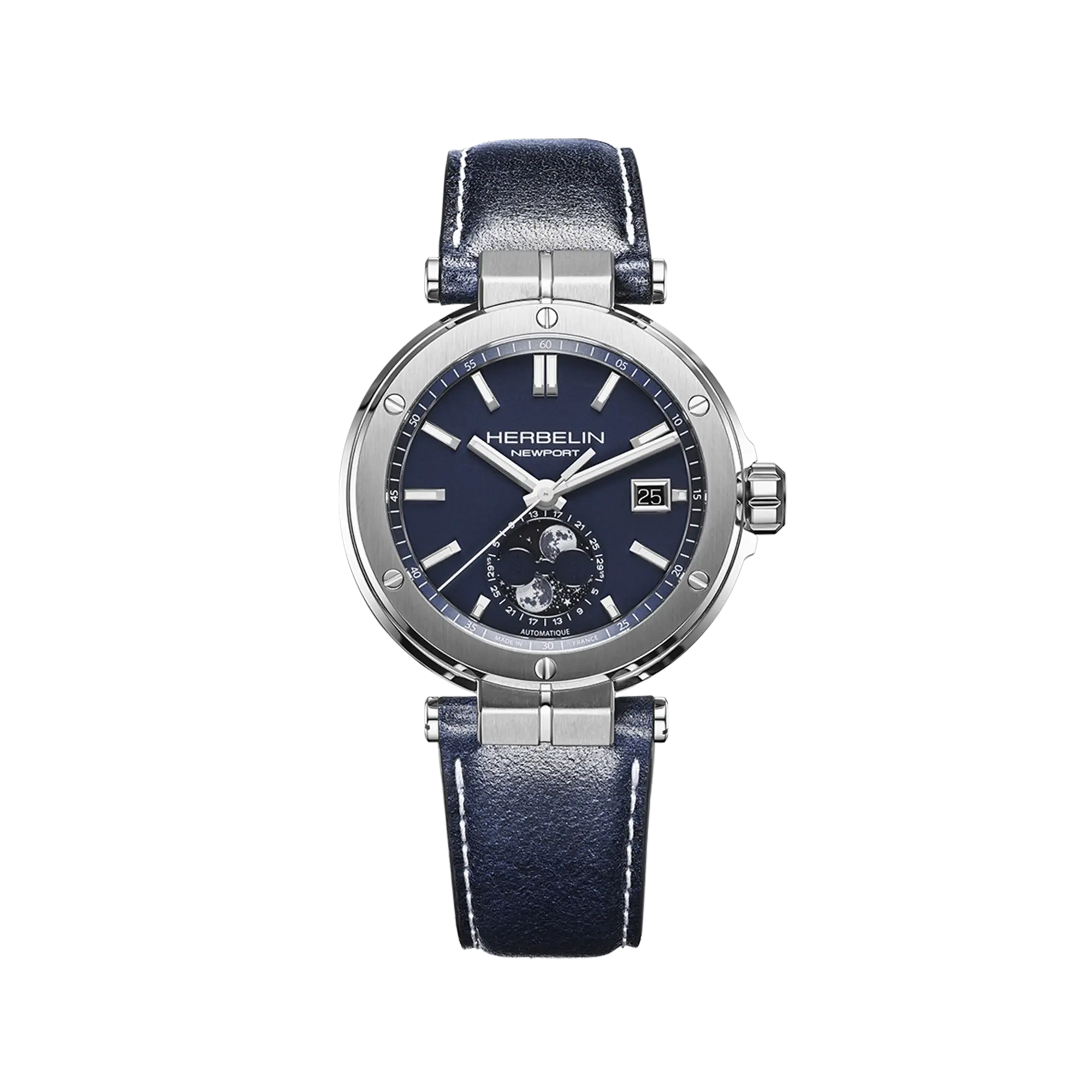 herbelin-newport-automatique-phases-de-lune-montre-homme-acier-bleu-cuir image 1