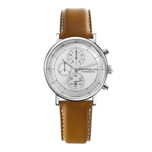 herbelin-inspiration-montre-chronographe-homme-acier-cuir-camel image 1