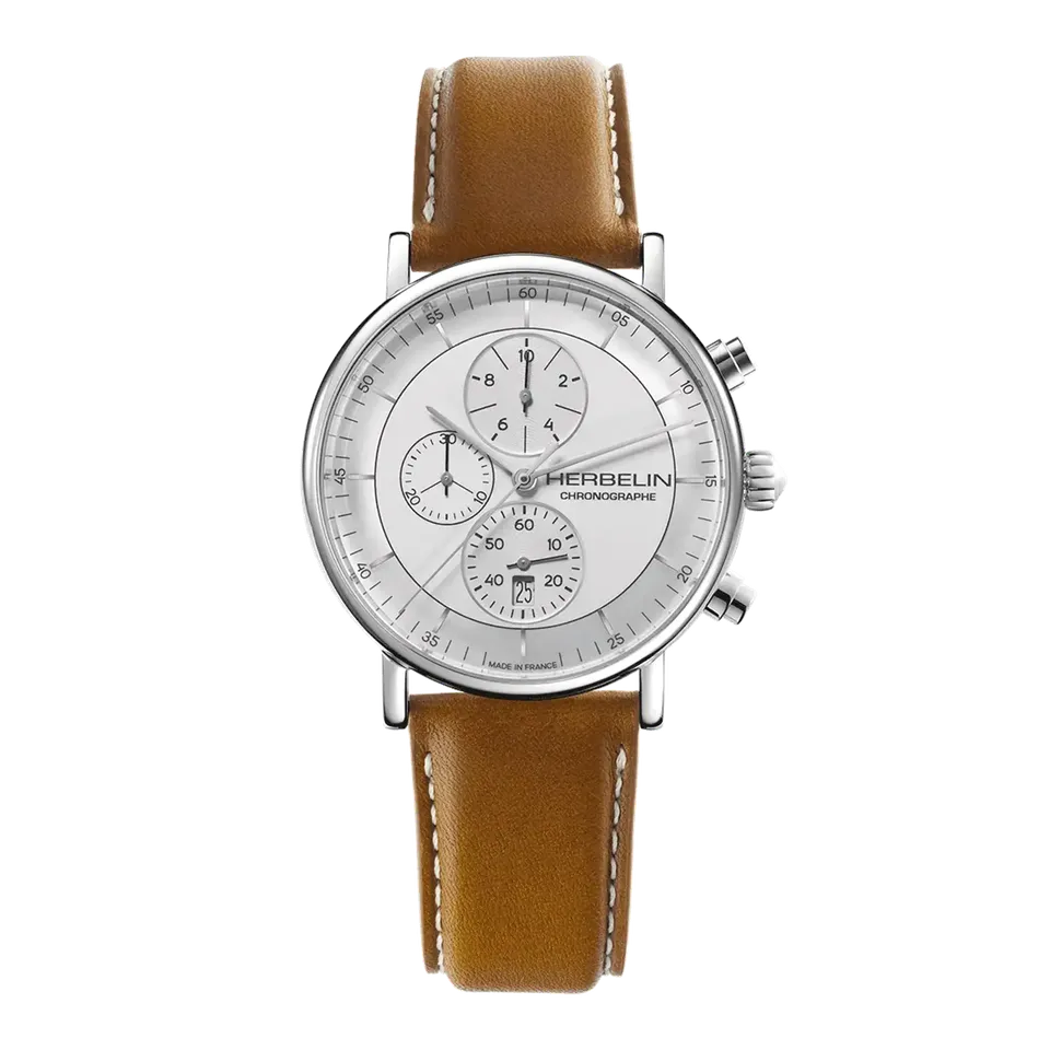 herbelin-inspiration-montre-chronographe-homme-acier-cuir-camel image 1