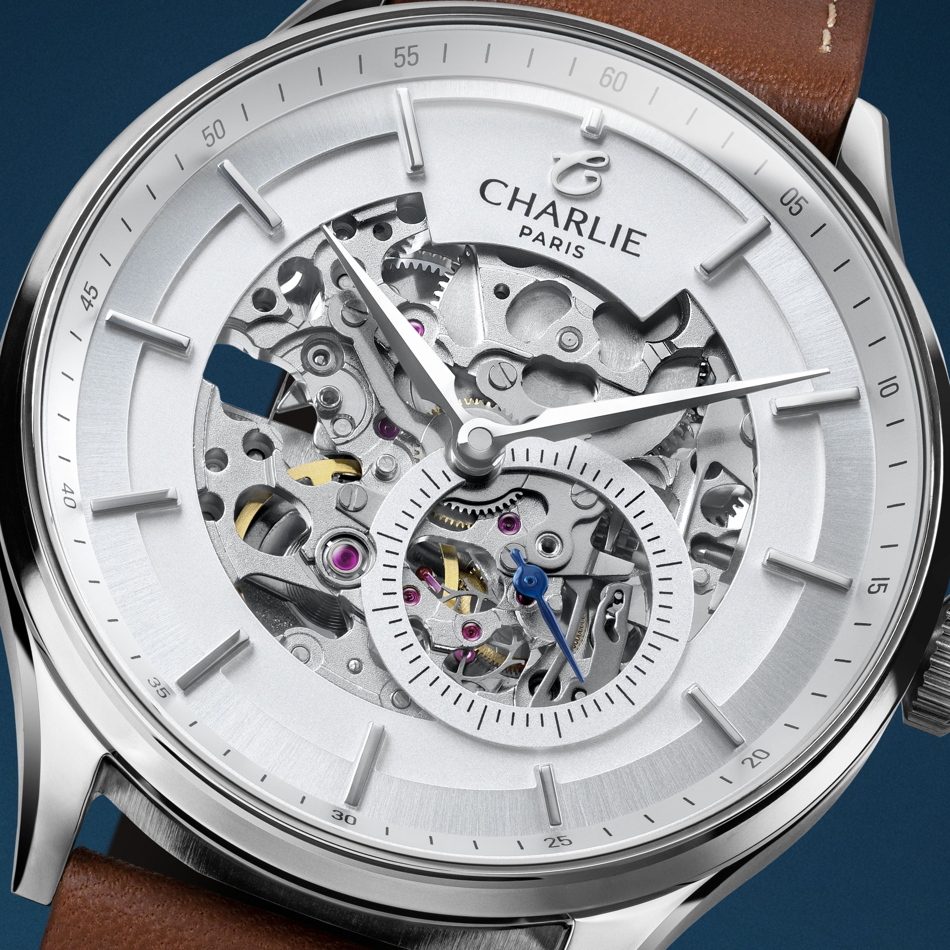charlie-paris-initial-squelette-montre-automatique-homme-blanc-40mm-acier image 3