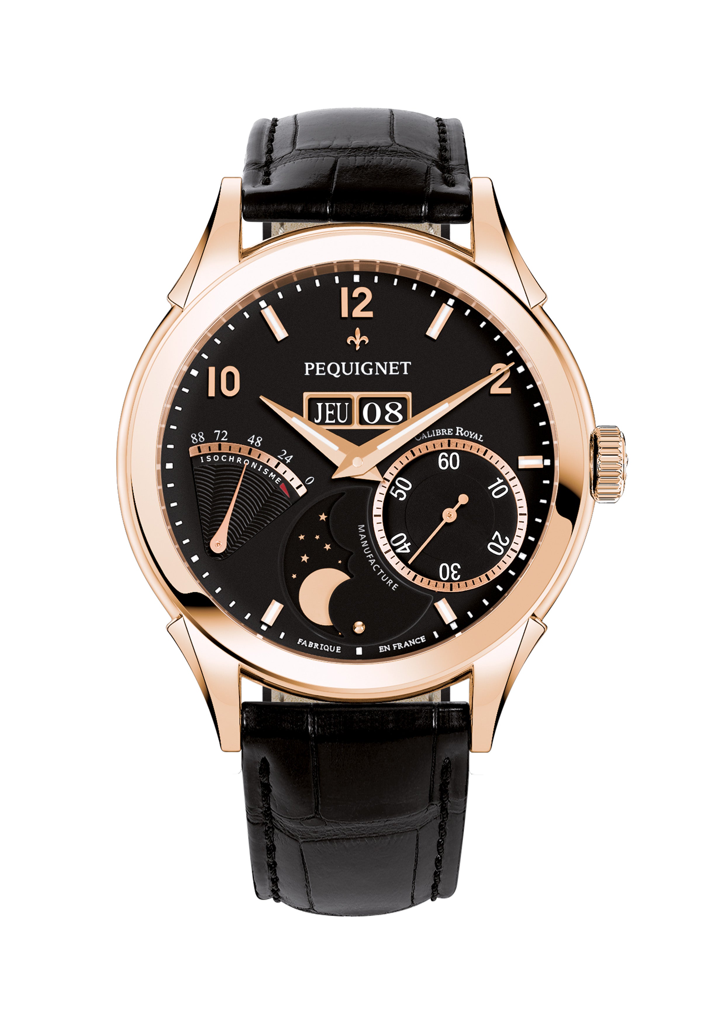 pequignet-royale-origine-or-ros-5n-noir-grande-date-phase-de-lune-calibre-royal image 1
