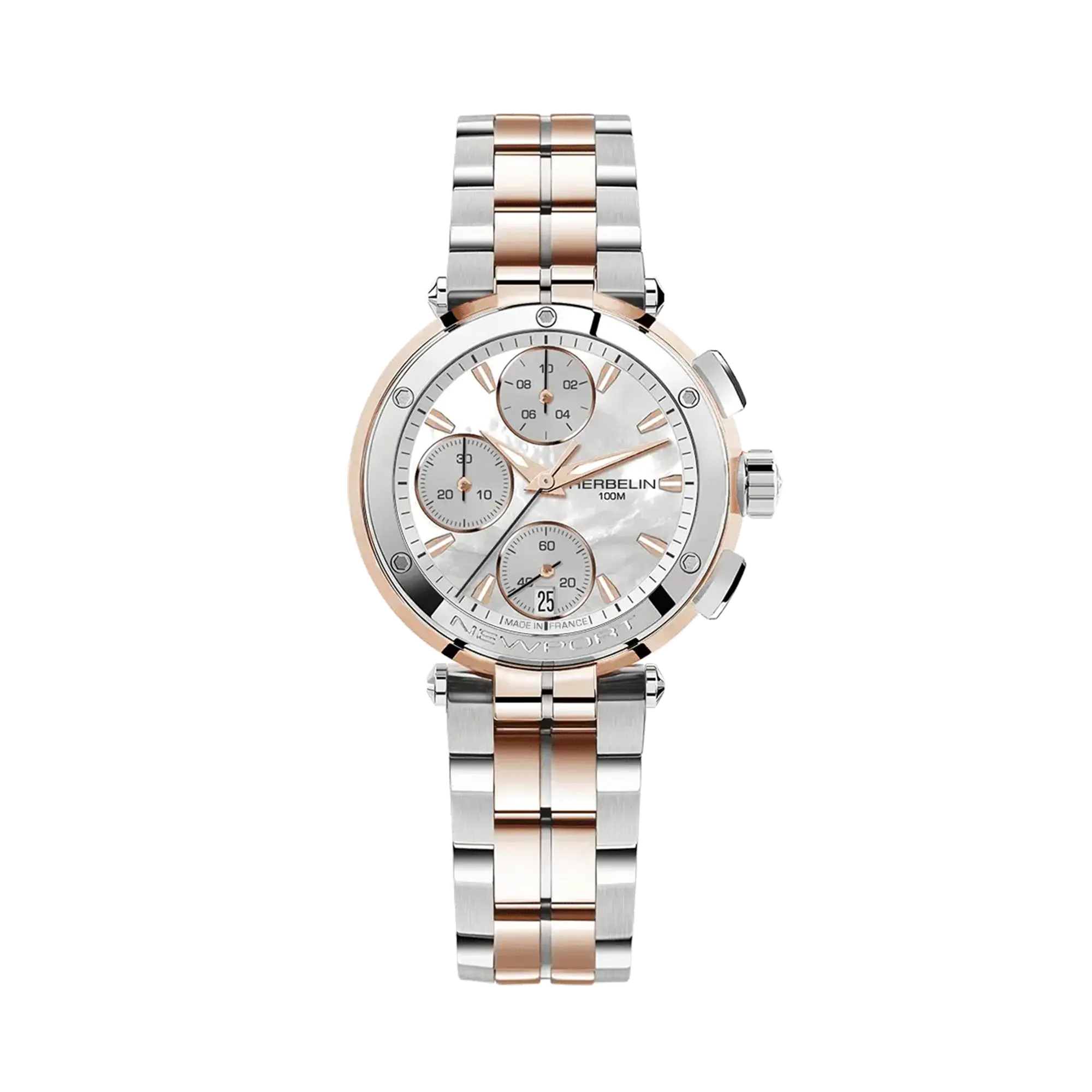 herbelin-newport-chronographe-lady-bicolore-acier-et-pvd-or-rose-nacre image 1