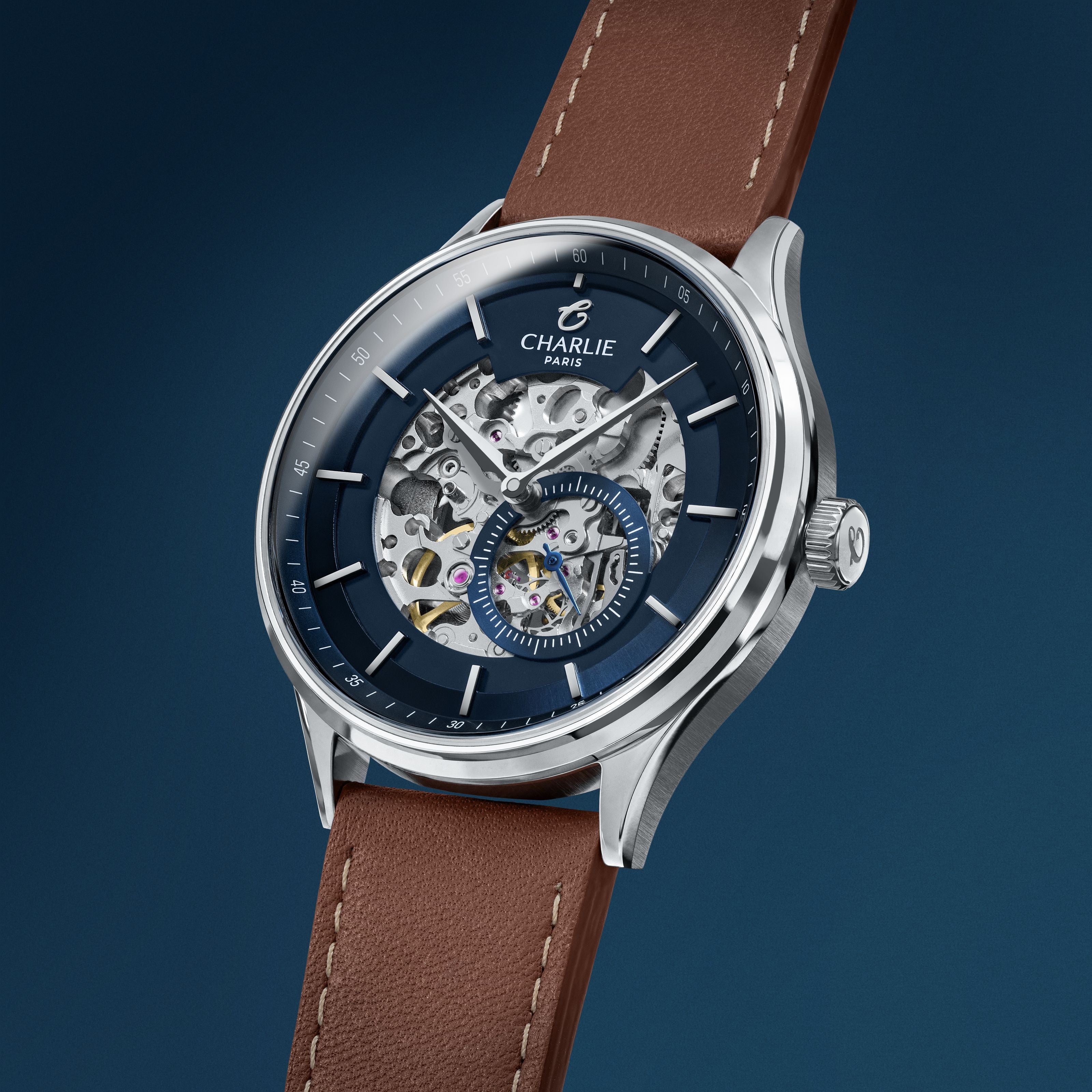 charlie-paris-initial-squelette-montre-automatique-homme-bleu-40mm-acier image 3
