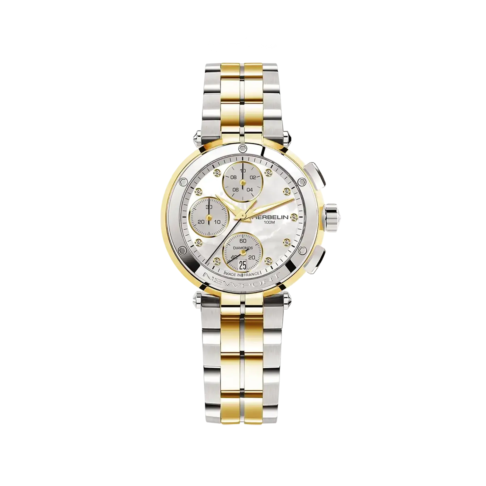 herbelin-newport-chronographe-femme-bicolore-nacre-diamants image 1