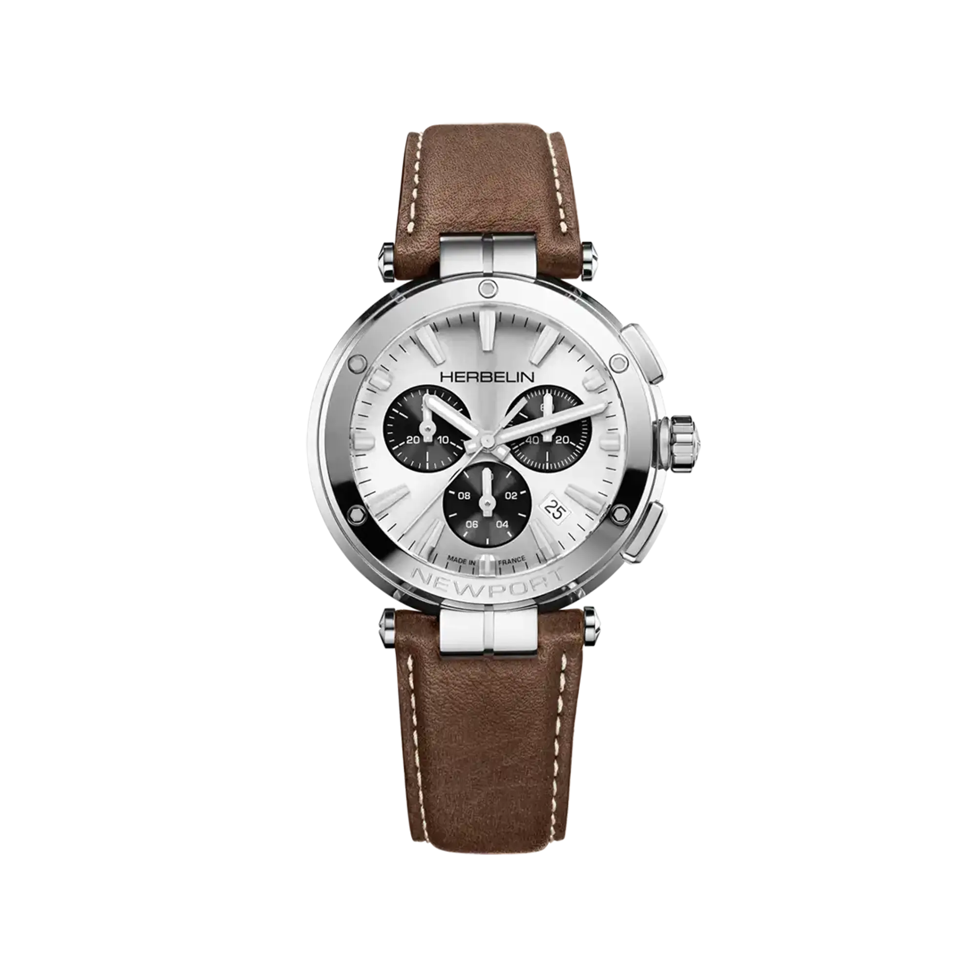 herbelin-newport-chronographe-blanc-gris-cuir-brun-montre-homme-quartz image 1