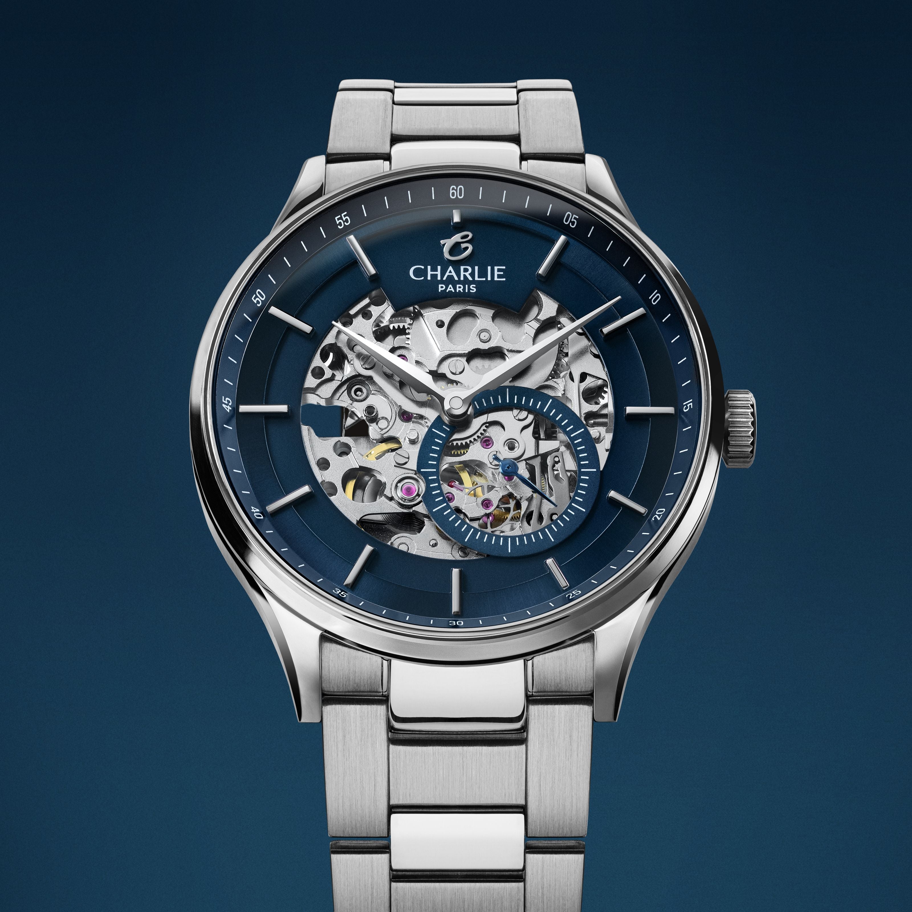 charlie-paris-initial-squelette-bleu-montre-automatique-homme-40mm image 7