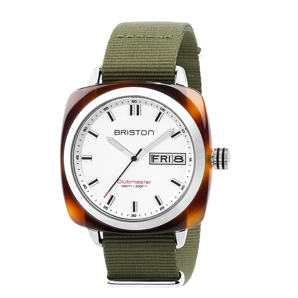 briston-clubmaster-sport-hms-42-mm-blanc-caille-bracelet-vert-militaire image 1