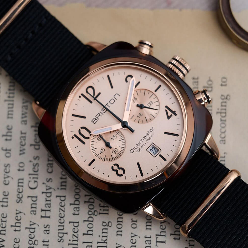 briston-clubmaster-classic-chrono-40-mm-gold-or-rose-montre-quartz-nato-noir image 2