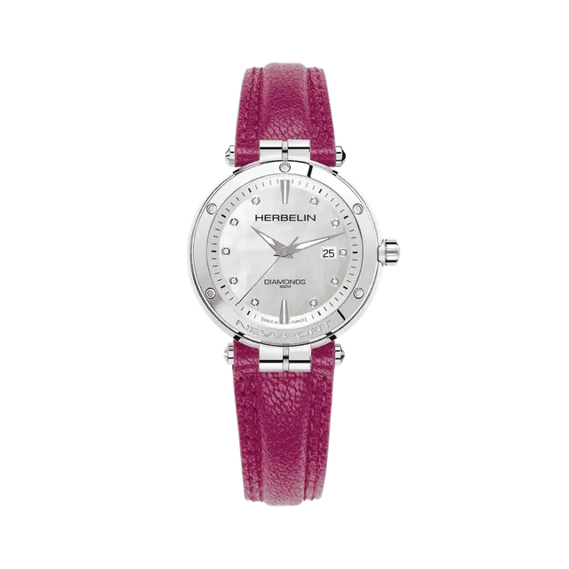herbelin-newport-quartz-date-nacre-diamants-montre-femme-acier-cuir-fuchsia image 1