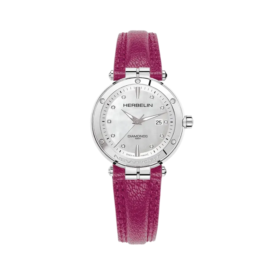 herbelin-newport-quartz-date-nacre-diamants-montre-femme-acier-cuir-fuchsia image 1