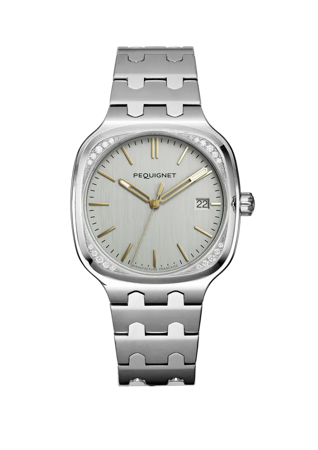 pequignet-concorde-cadran-argent-index-dor-s-lunette-20-diamants-montre image 1