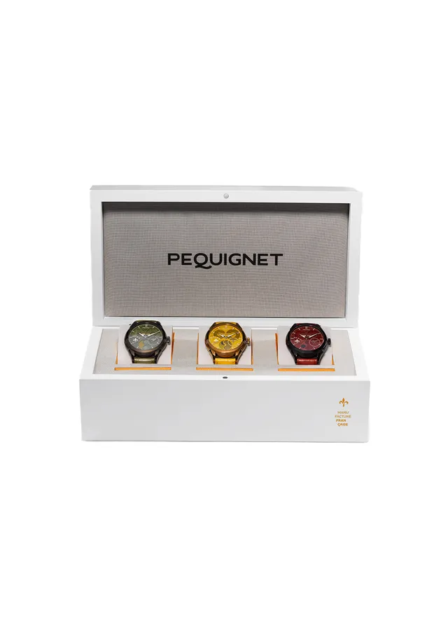 pequignet-royale-saphir-coffret-unique-3-montres-vert-jade-jaune-ambre-rouge-rub image 1