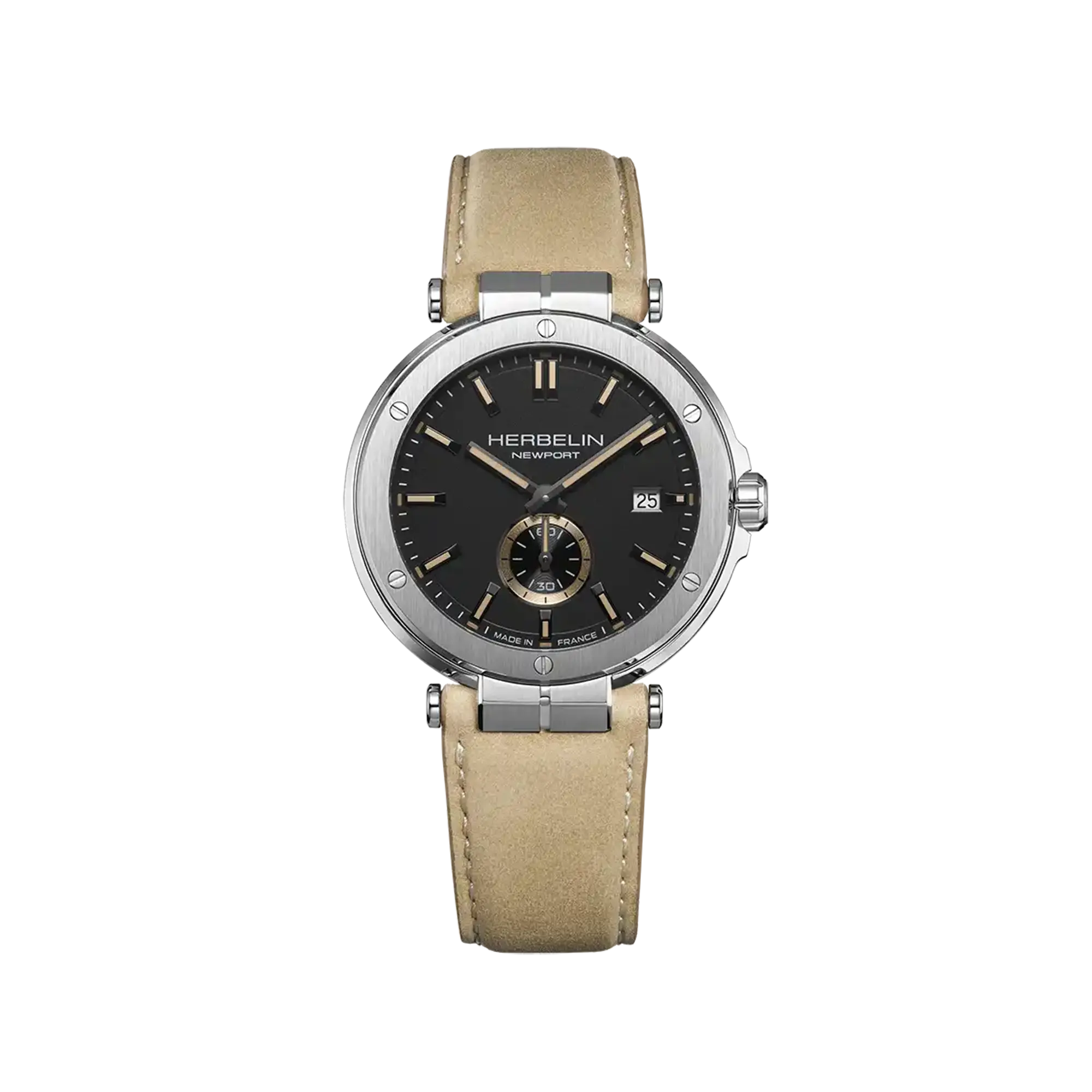 herbelin-newport-quartz-noir-cuir-beige-montre-homme-acier image 1