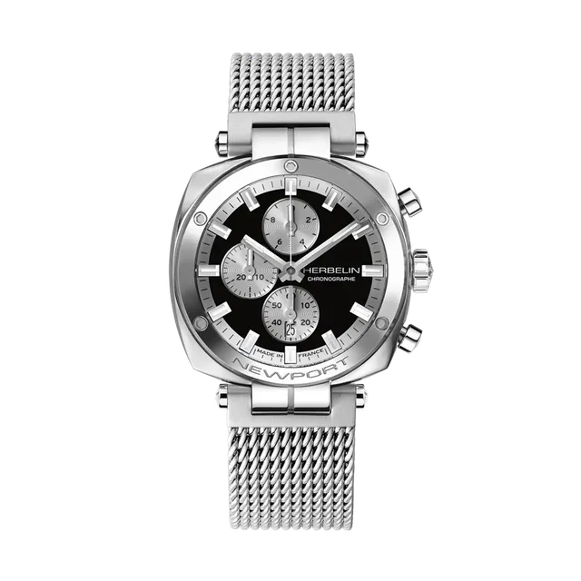 herbelin-newport-h-ritage-chrono-montre-homme-acier-maille-milanaise-cadran-noir image 1