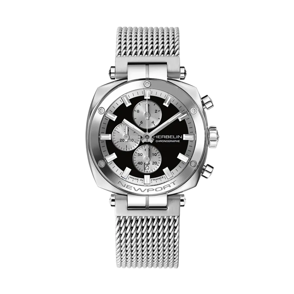 herbelin-newport-h-ritage-chrono-montre-homme-acier-maille-milanaise-cadran-noir image 1