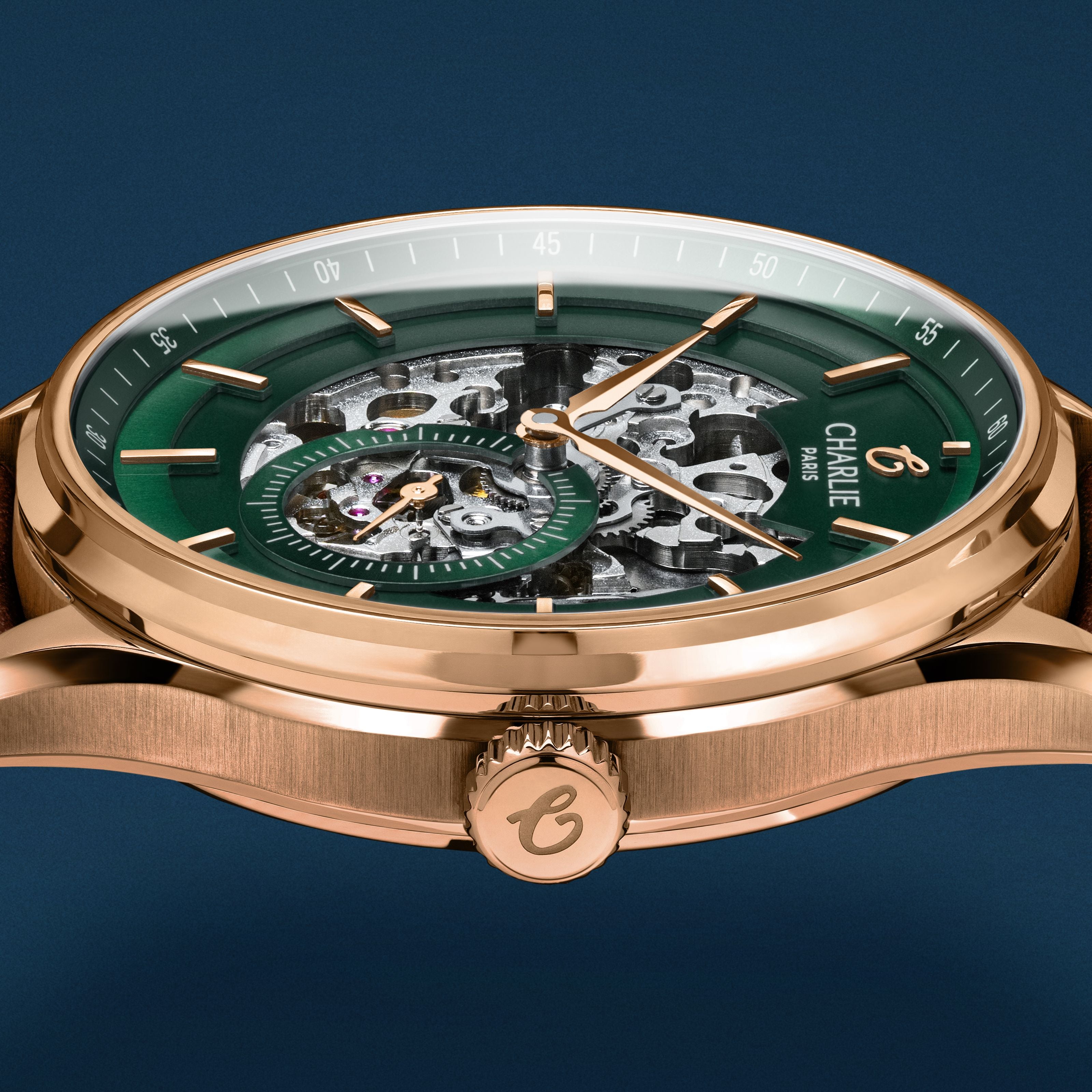charlie-paris-initial-squelette-montre-automatique-homme-vert-et-dor-rose-40mm image 6