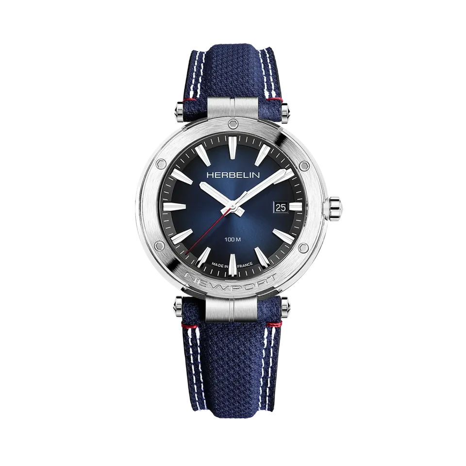 herbelin-newport-quartz-date-montre-homme-acier-cadran-bleu-textile image 1