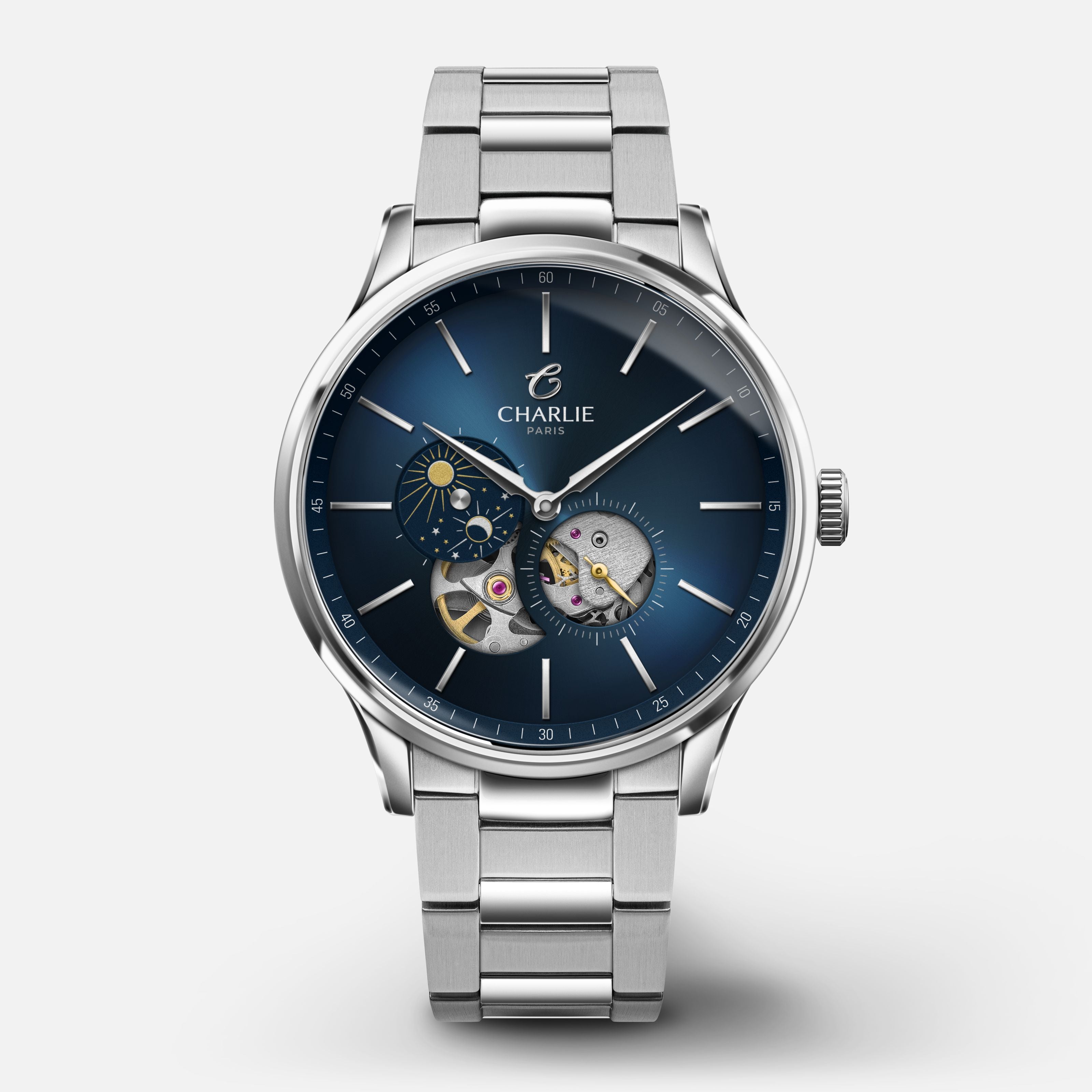 charlie-paris-initial-montre-automatique-c-ur-ouvert-jour-nuit-bleu-40mm-acier image 1