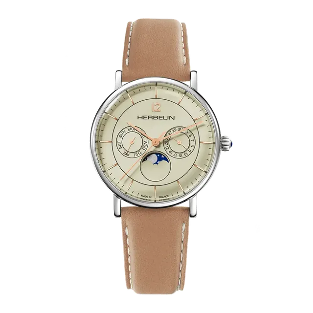 herbelin-inspiration-phase-de-lune-quartz-homme-acier-cuir-coquille-d-uf image 1