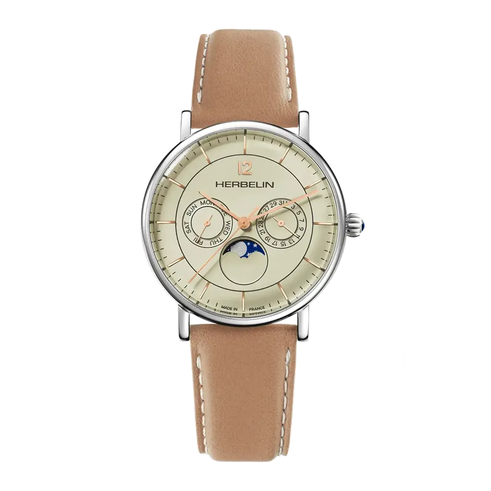 herbelin-inspiration-phase-de-lune-quartz-homme-acier-cuir-coquille-d-uf image 1