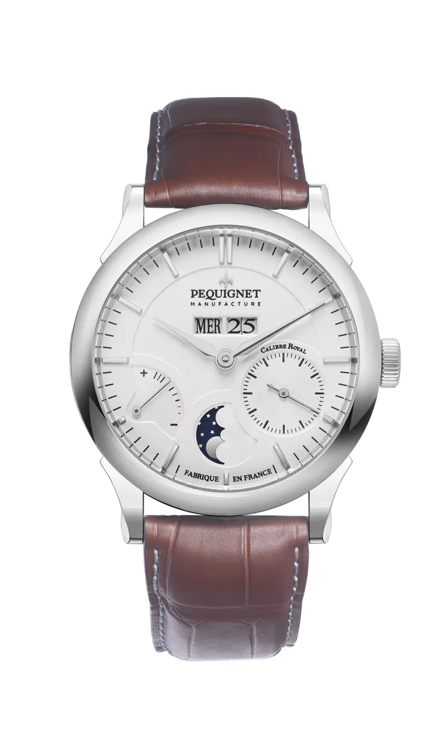 pequignet-royale-paris-grande-date-phase-de-lune-cadran-opalin-alligator-marron- image 1