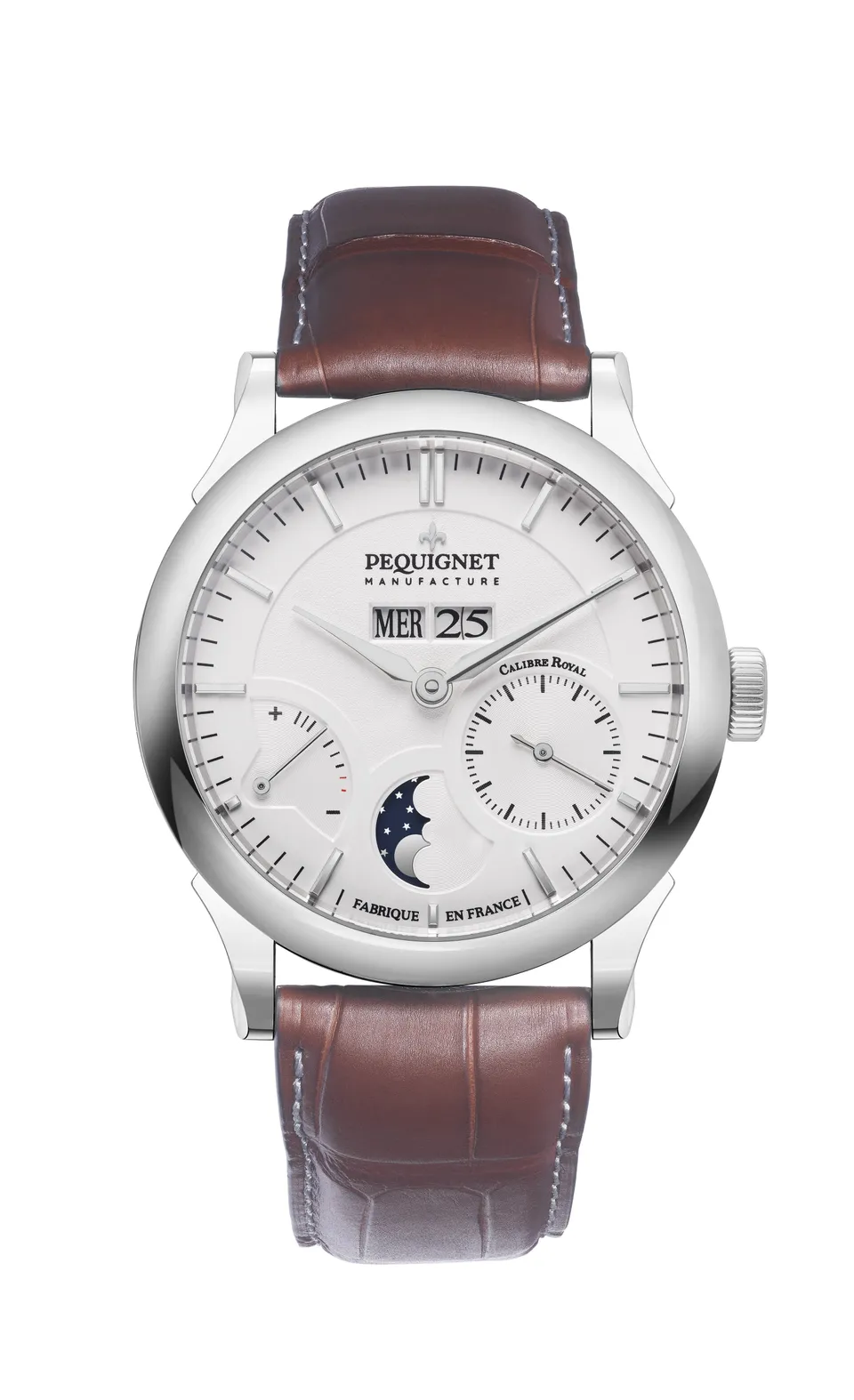pequignet-royale-paris-grande-date-phase-de-lune-cadran-opalin-alligator-marron- image 1