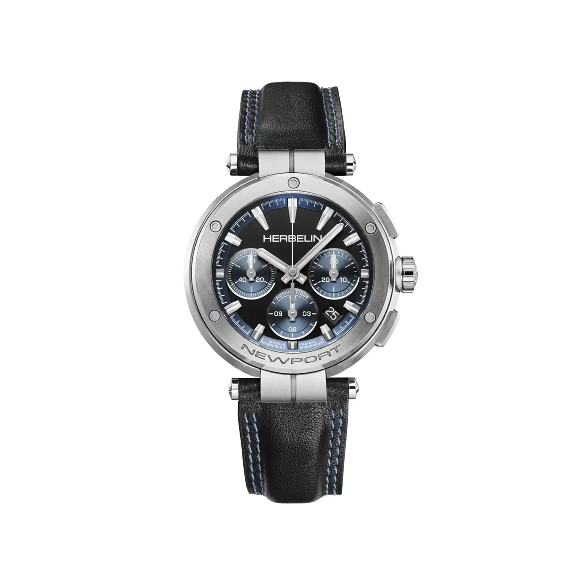 herbelin-newport-chrono-automatique-montre-homme-acier-cuir-noir image 1
