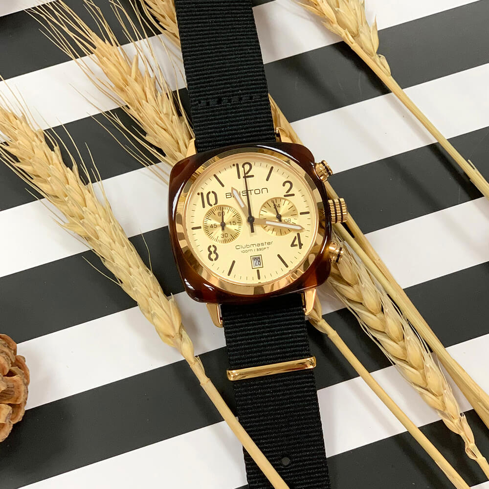 briston-clubmaster-classic-chronographe-40-mm-gold-champagne-nato-noir-quartz image 2
