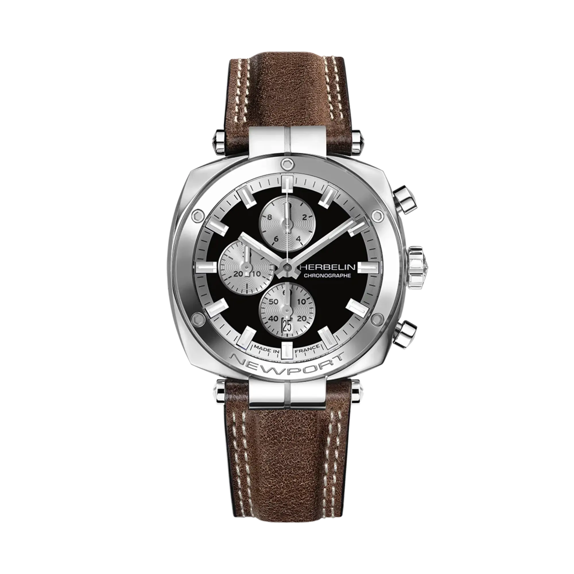 herbelin-newport-h-ritage-chronographe-quartz-montre-homme-acier-cuir-marron image 1