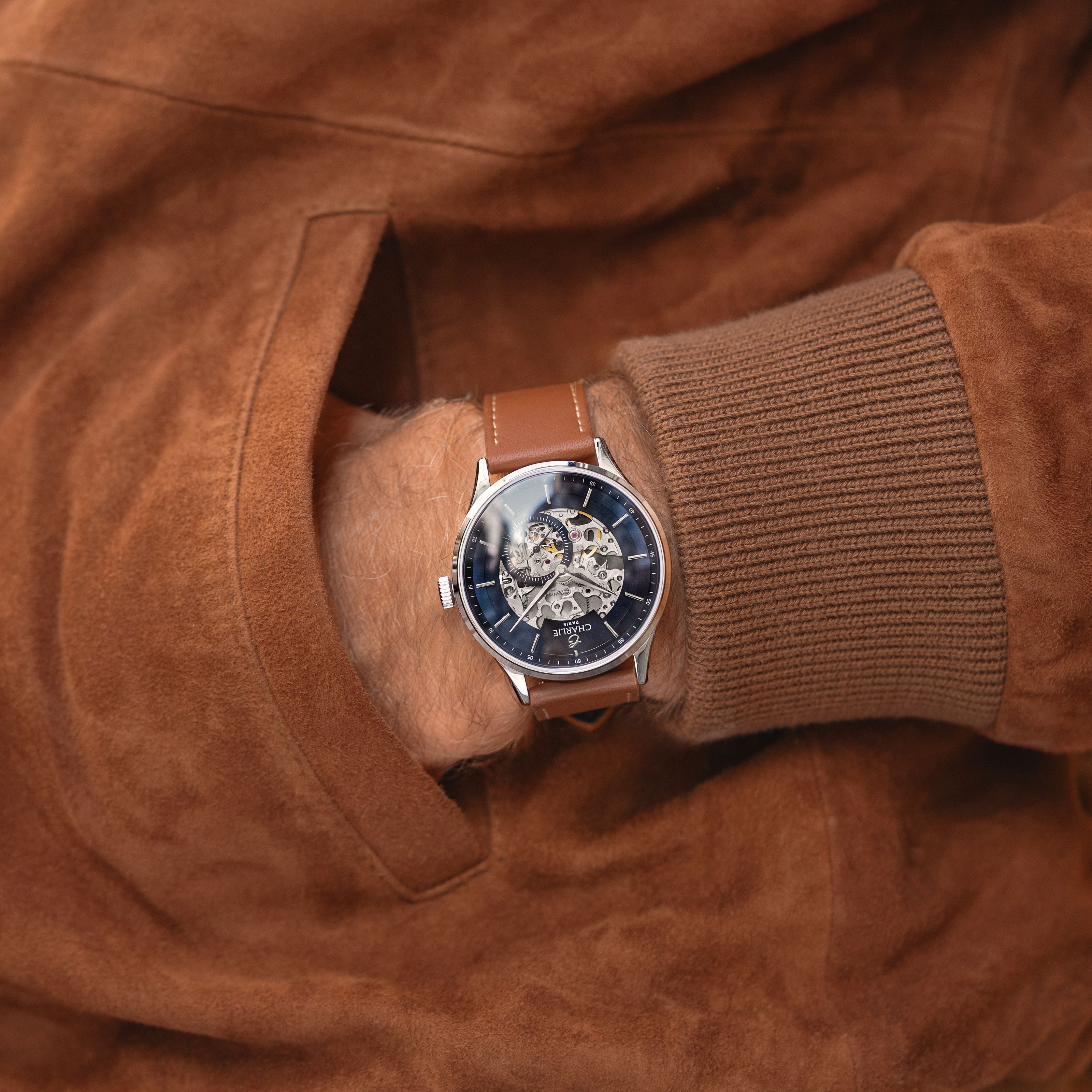 charlie-paris-initial-squelette-montre-automatique-homme-bleu-40mm-acier image 2
