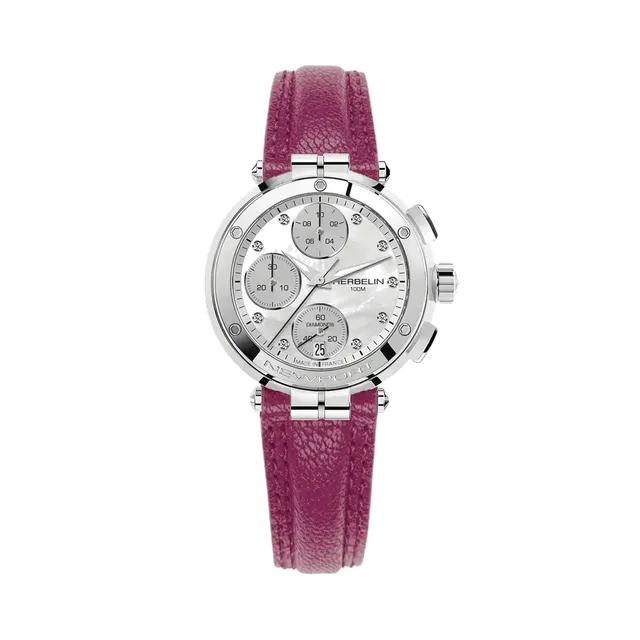 herbelin-newport-chrono-lady-montre-femme-acier-nacre-diamants-cuir-fuchsia image 1