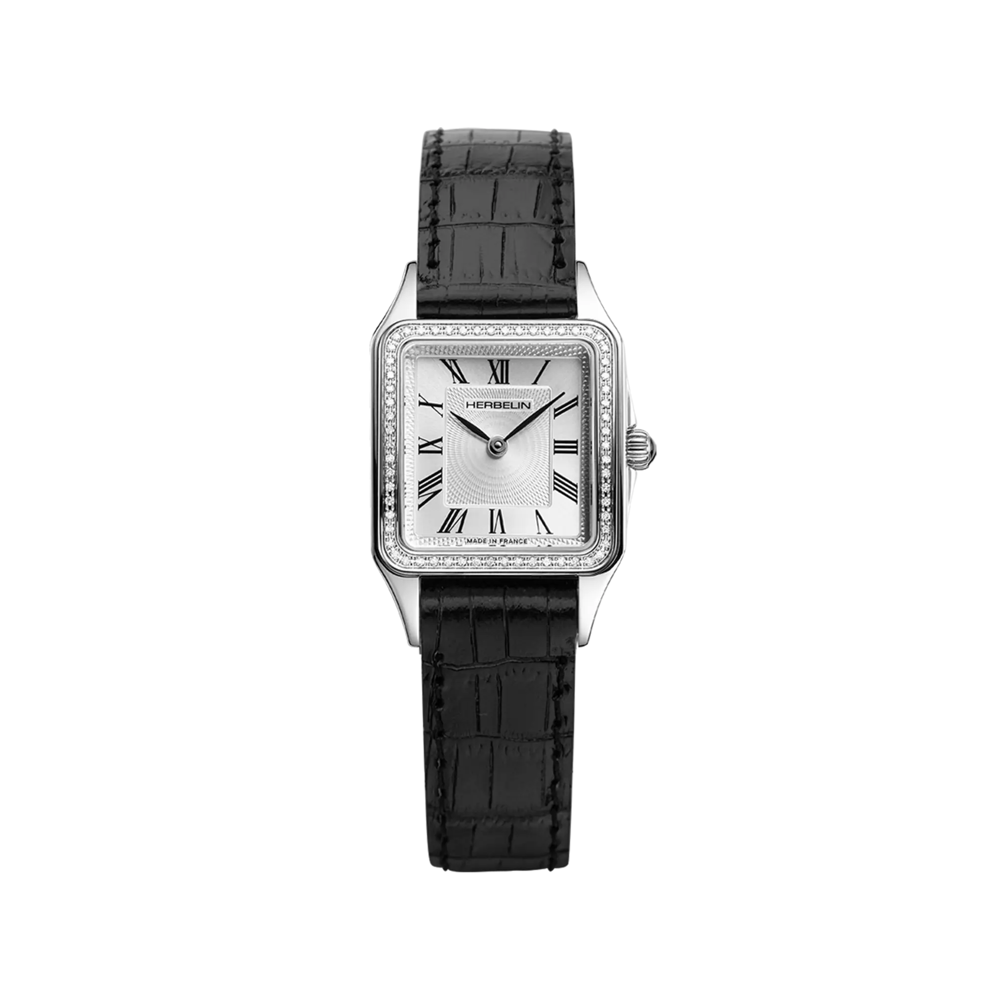 herbelin-luna-quartz-62-diamants-cadran-argent-cuir-noir-femme image 1