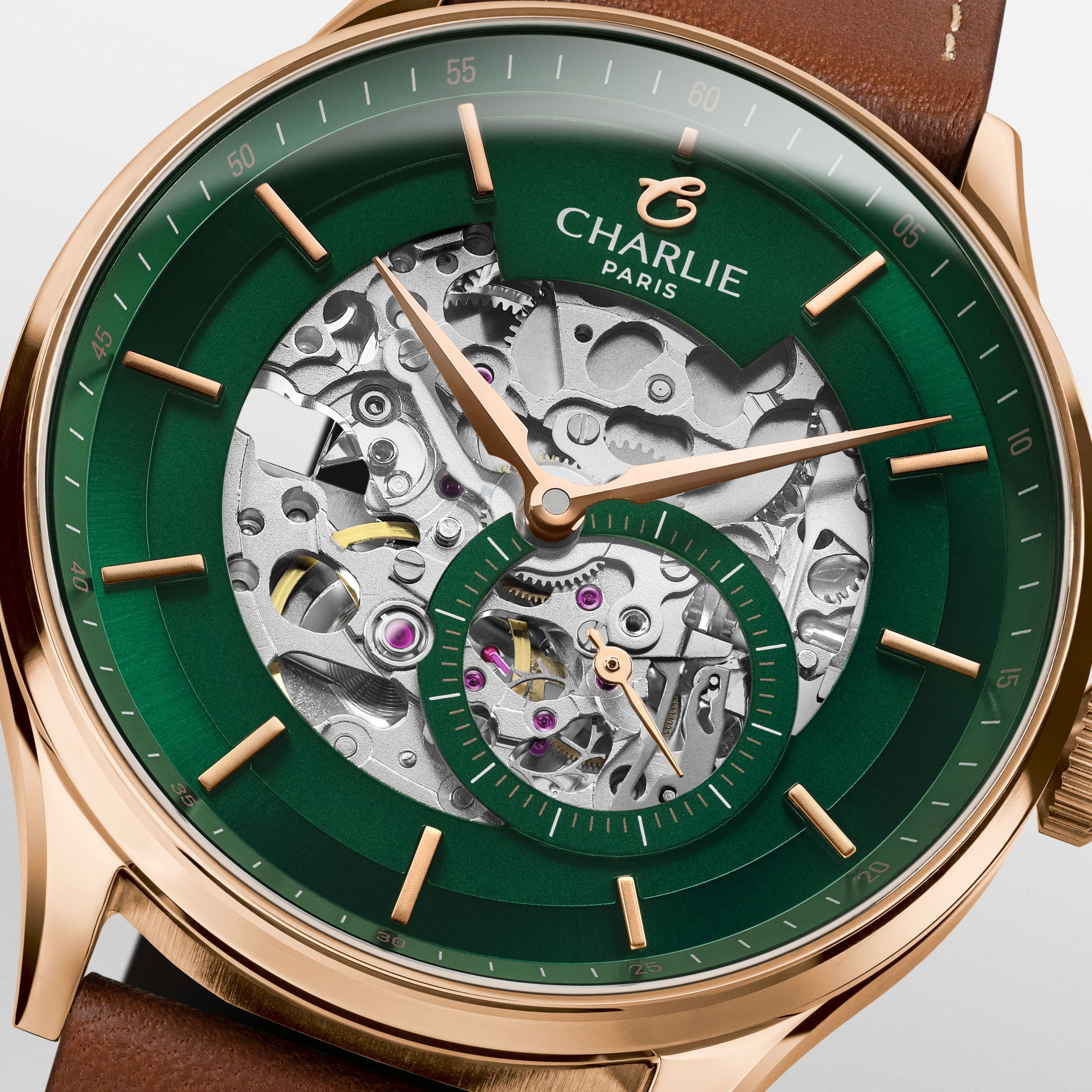 charlie-paris-initial-squelette-montre-automatique-homme-vert-et-dor-rose-40mm image 5