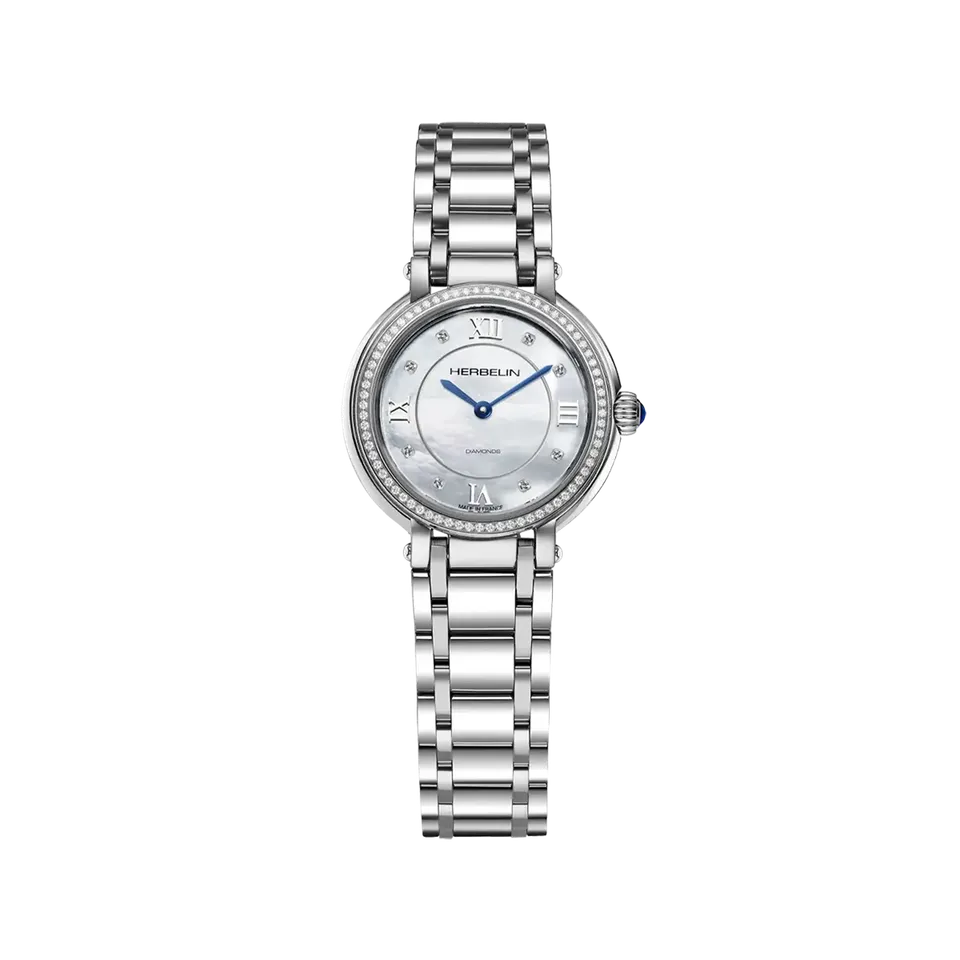 herbelin-galet-quartz-diamants-femme-acier-nacre-blanche image 1