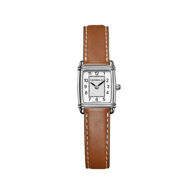 herbelin-art-d-co-tonneau-quartz-montre-femme-acier-cuir-camel image 1