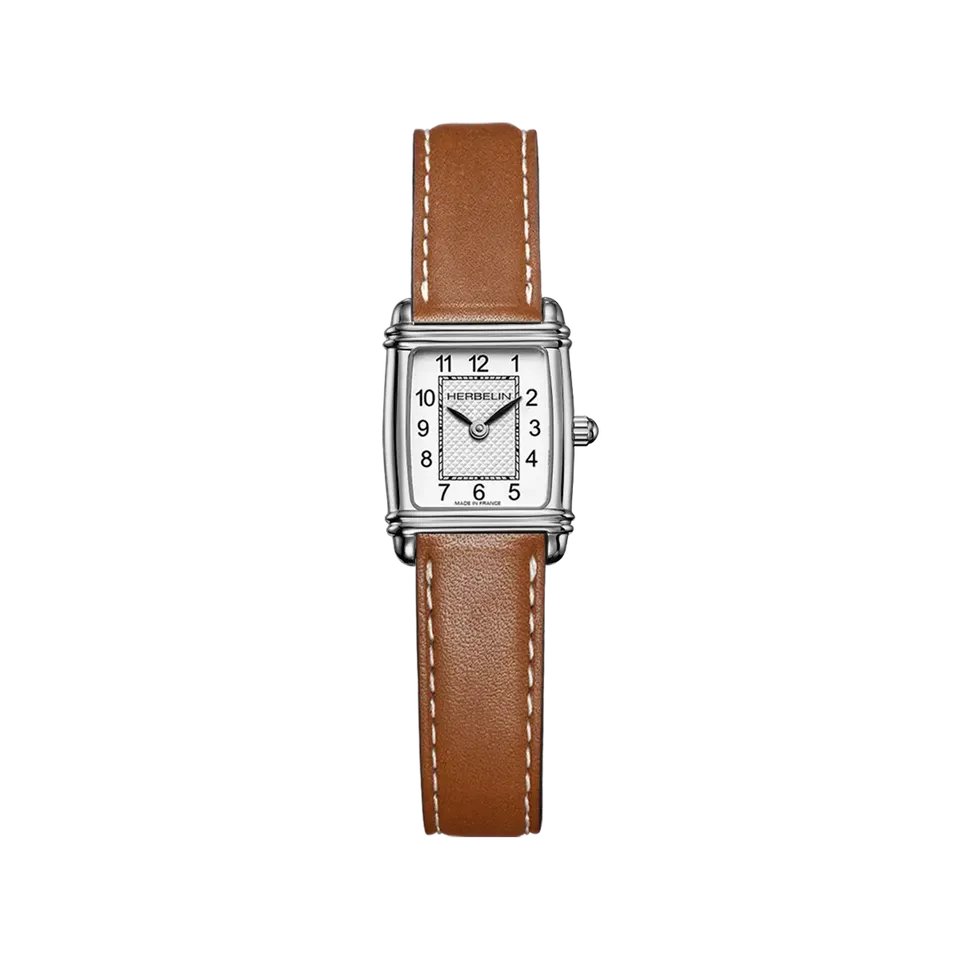 herbelin-art-d-co-tonneau-quartz-montre-femme-acier-cuir-camel image 1