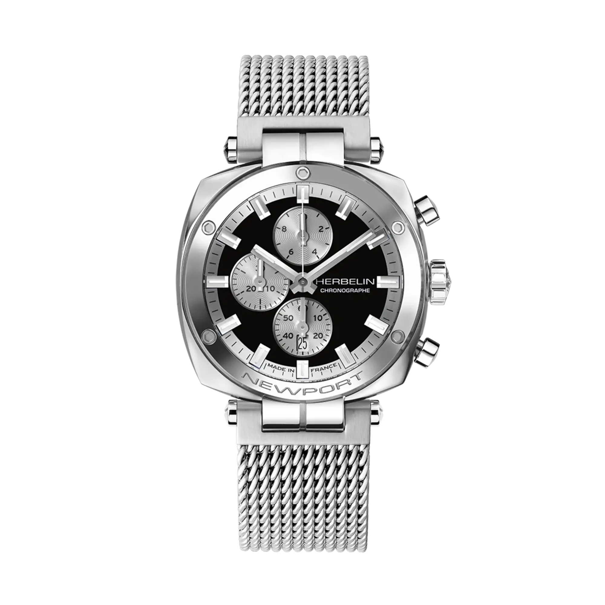 herbelin-newport-h-ritage-chrono-montre-homme-acier-maille-milanaise-cadran-noir image 1