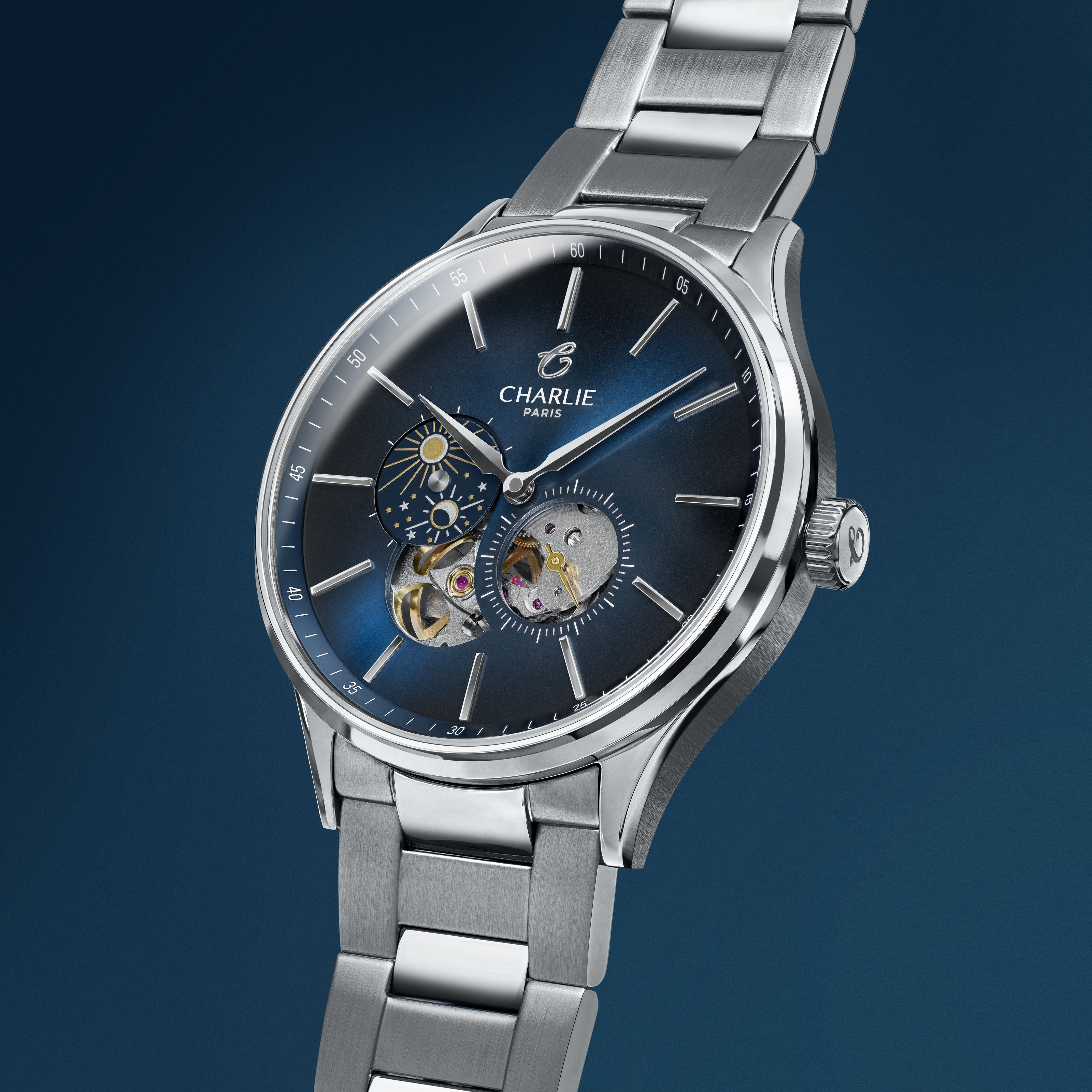 charlie-paris-initial-montre-automatique-c-ur-ouvert-jour-nuit-bleu-40mm-acier image 3