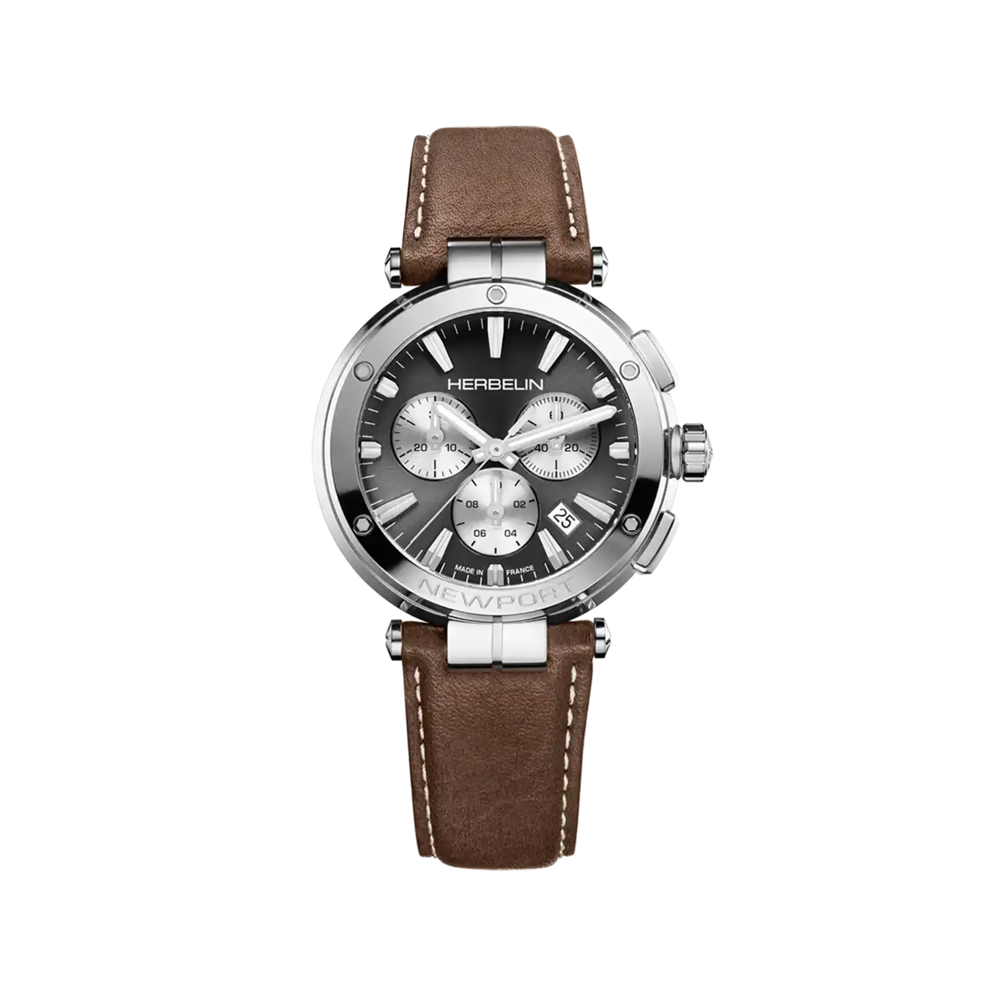 herbelin-newport-chronographe-montre-homme-gris-blanc-cuir-brun image 1