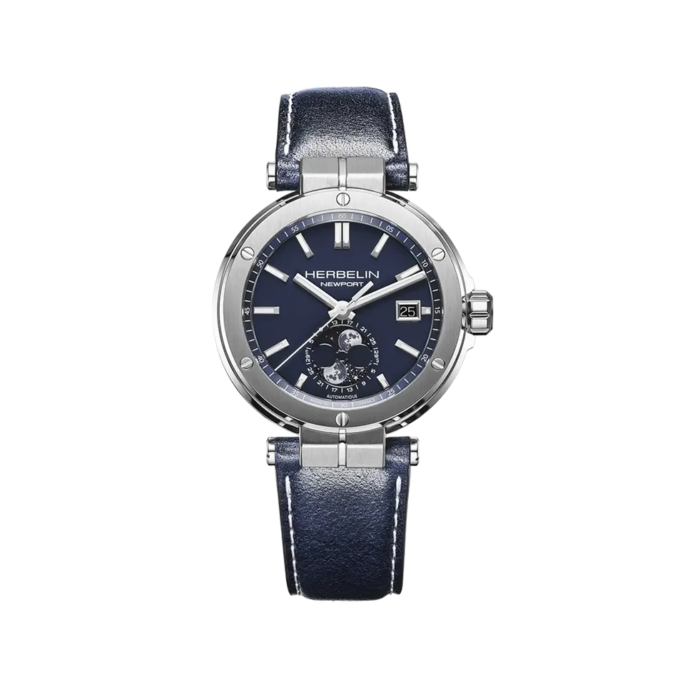 herbelin-newport-automatique-phases-de-lune-montre-homme-acier-bleu-cuir image 1