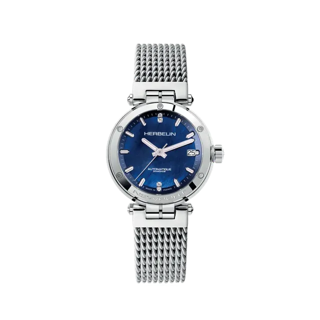 herbelin-newport-automatique-dame-nacre-bleue-diamants-acier image 1